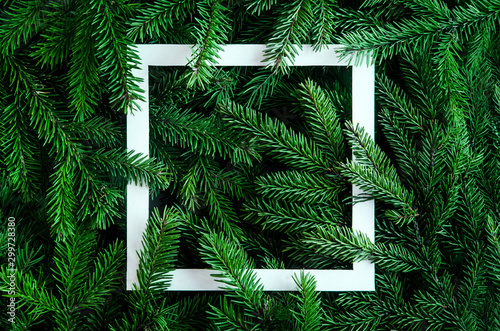 Christmas tree branches background. Christmas frame. Holiday's Background Happy New Year. Christmas tree frame. Design for banner, post