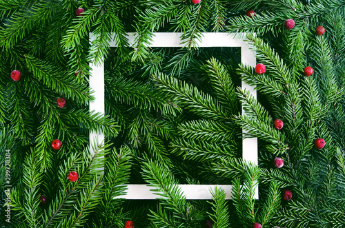 Christmas tree branches background. Christmas frame. Holiday's Background Happy New Year. Christmas tree frame. Design for banner, post