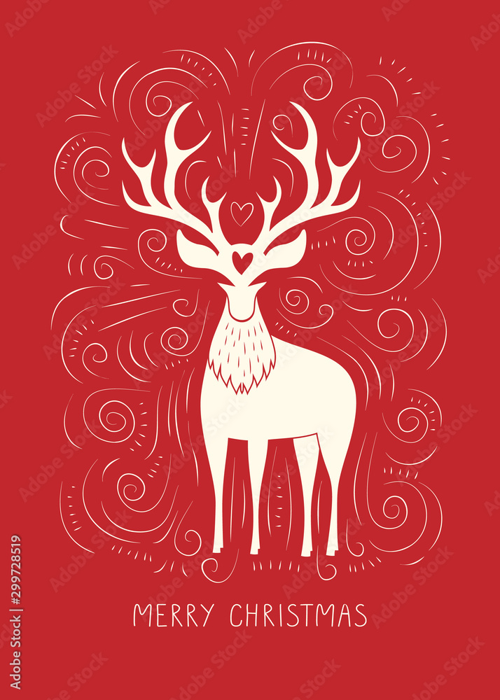 Fototapeta premium Winter Holidays Vector Gift Card with White Deer, Hand-Drawn Doodle Swirls, Swashes on Christmas Red Background