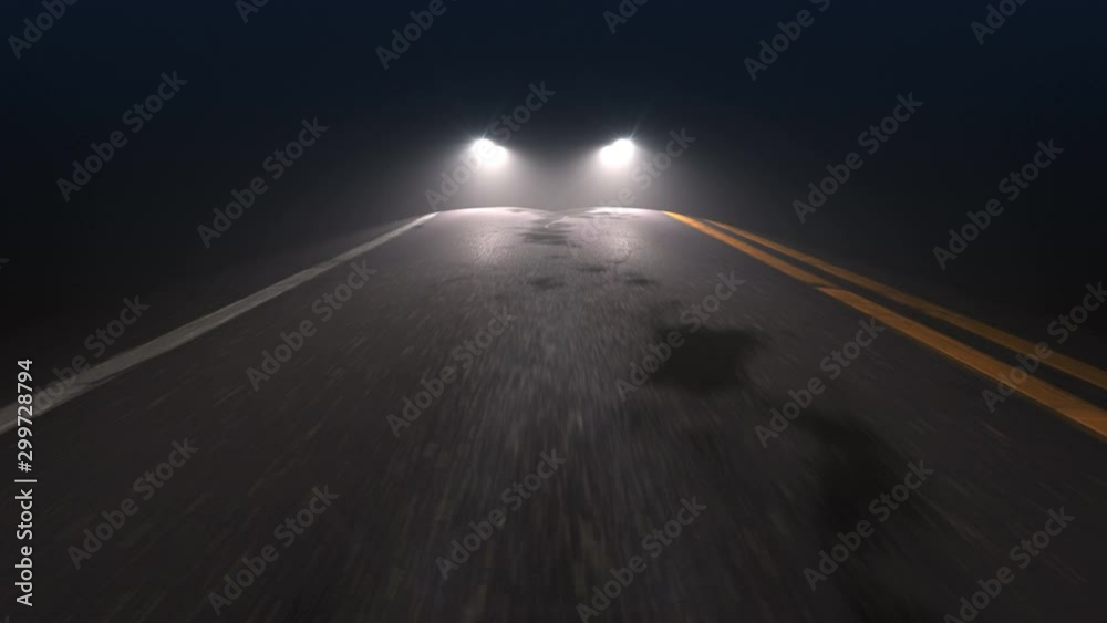 Car with headlights on follows camera tracking along country night road. Car driving down the country road with headlights turned on, seamless loop. Pursuit, chase and follow concept.