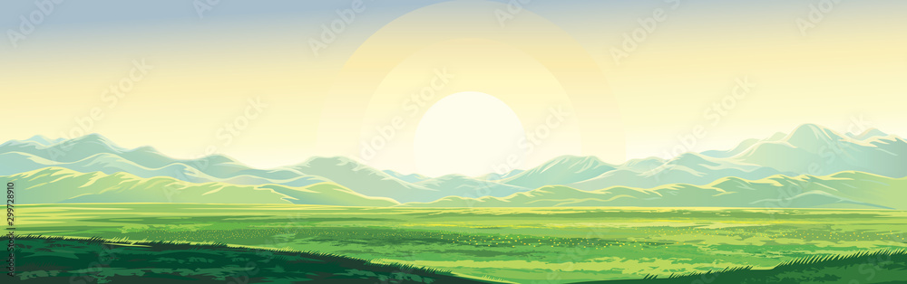 Summer rural mountain landscape, dawn over the valley, elongated format. - obrazy, fototapety, plakaty 