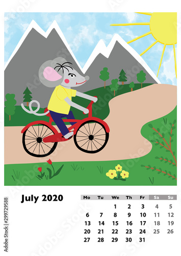 Children calendar 2020 for July, with main hero rat or mouse, a symbol of the new year. The week starts on Monday. Cartoon style digital drawing, raster