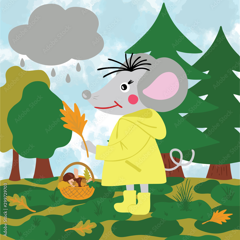 Naklejka premium Rat or mouse in the raincoat picking mushrooms, leaves and acorns in the autumn forest. Cartoon style digital drawing for calendar 2020, symbol of new year, raster