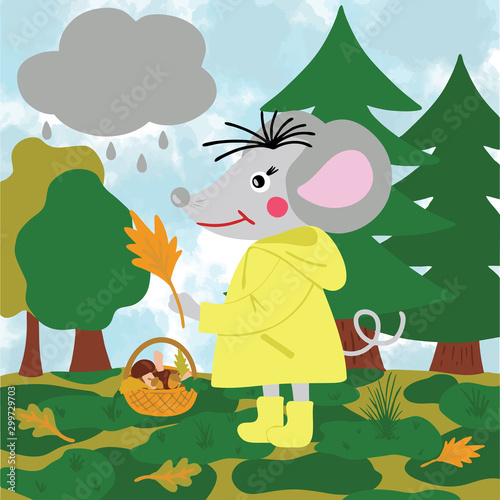 Rat or mouse in the raincoat picking mushrooms  leaves and acorns in the autumn forest. Cartoon style digital drawing for calendar 2020  symbol of new year  raster