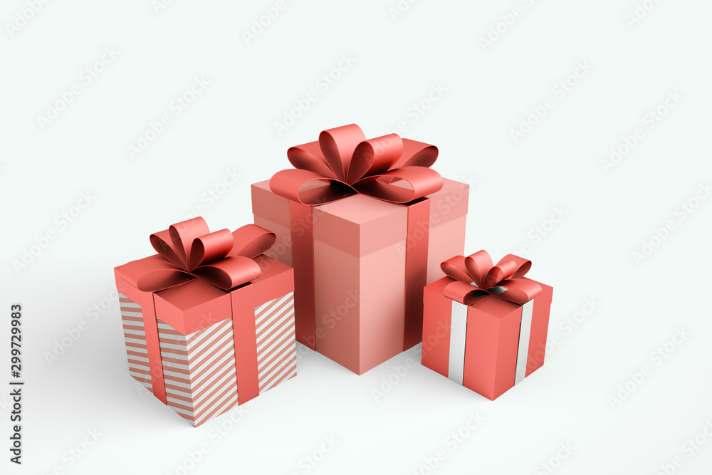 Christmas and New Year's Day , group three red gift boxes ribbon white background 3d rendering