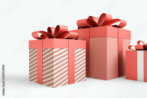 Christmas and New Year's Day , group three red gift boxes ribbon white background 3d rendering
