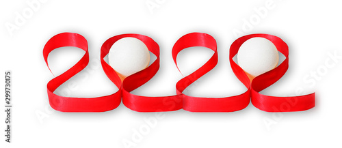 2020 happy new year number of ribbon text with 2 white Christmas ball isolated on white background