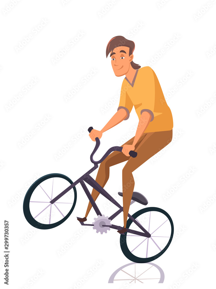 Naklejka premium Cartoon boy teenager doing stunts on bike isolated