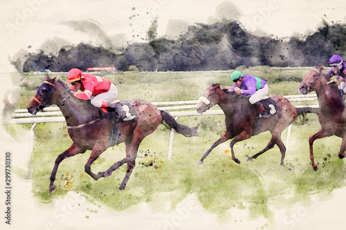 Racing horses and jockeys in speed approaching the finish line. Watercolor illustration