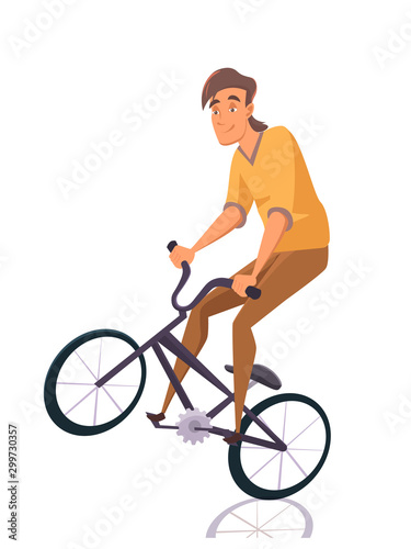 Cartoon boy teenager doing stunts on bike isolated