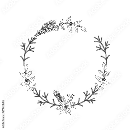 Fototapeta Naklejka Na Ścianę i Meble -  Christmas floral hand drawn wreath on white background