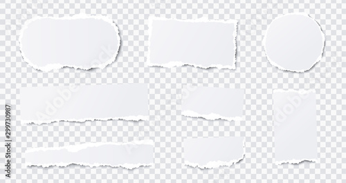 Seamless torn ripped paper layered isolated. Stripes, round, rectangular paper scraps. White color. Transparent background. Realistic template. Simple modern design. Flat style vector illustration.