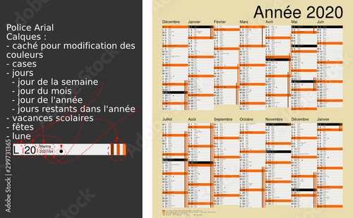 Calendrier 2020, calques, vacances scolaires, Saints, 14 mois
