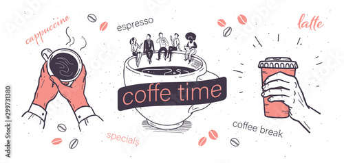 Coffee time illustrations set with human hands holding coffee cup and office people sitting coffee cup isolated on white background. Coffee break, to go concept. Vector sketch doodle style.