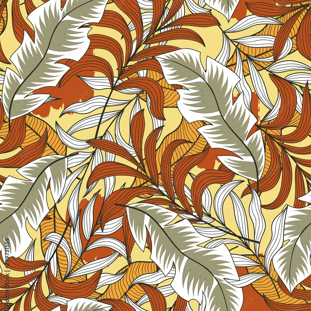 Fototapeta Trend seamless tropical pattern with bright white and orange plants, and leaves on a yellow background.  Modern abstract design for fabric, paper, interior decor. Printing and textiles. 