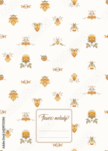 Stylized ornamental flowers in retro, vintage Jacobin embroidery style. Template for cover of notebook, label for product, gift voucher with place for text. Vector illustration.