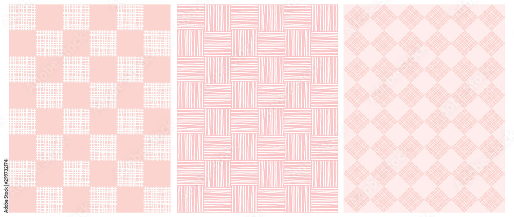 Abstract Geometric Seamless Vector Prints. 3 Various Pink and White Grid Repeatable Prints ideal for Fabric, Textile, Wrapping Paper. 