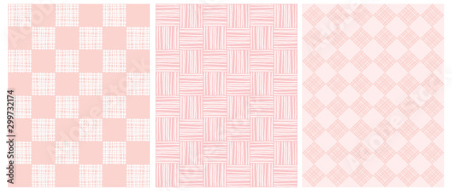 Abstract Geometric Seamless Vector Prints. 3 Various Pink and White Grid Repeatable Prints ideal for Fabric, Textile, Wrapping Paper. 