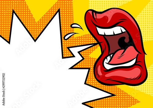 Comic angry mouth shouting and empty speech bubble. Pop art vector illustration.