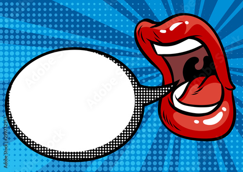 Comic mouth shouting and empty speech bubble. Pop art vector illustration.