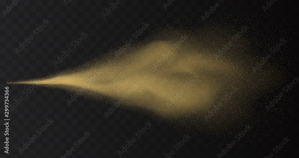 Gold spray paint with glitter particles isolated on transparent background. Golden fashion shimmer spray vector effect. Luxury scent template. - obrazy, fototapety, plakaty 