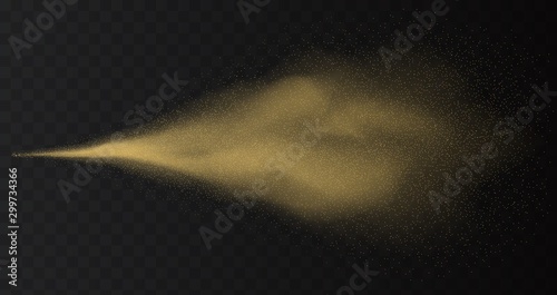 Gold spray paint with glitter particles isolated on transparent background. Golden fashion shimmer spray vector effect. Luxury scent template.