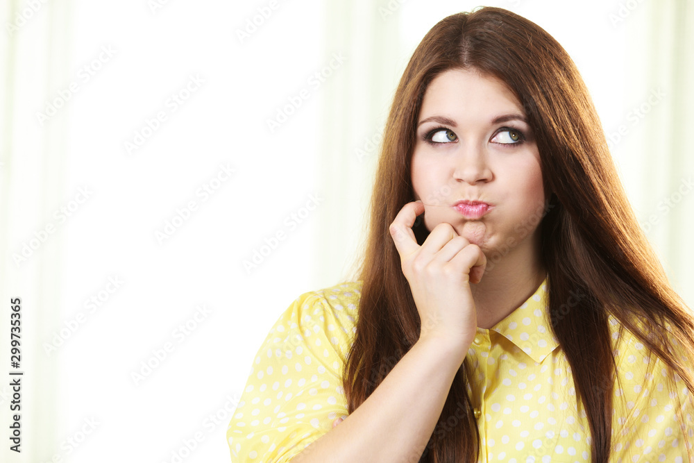 Happy woman thinking wondering Happy woman thinking wondering