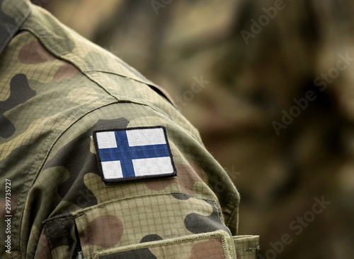 Flag of Finland on military uniform. Army, troops, soldiers. Collage.