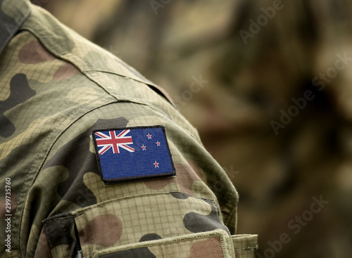 Flag of New Zealand on military uniform. Army, troops, soldiers. Collage.