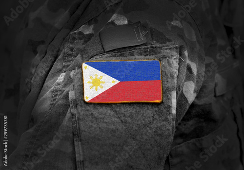 Flag of Philippines on military uniform. Army, troops, soldiers. Collage.