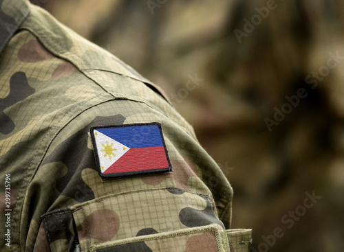 Flag of Philippines on military uniform. Army, troops, soldiers. Collage.