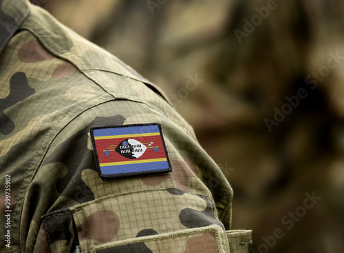 Flag of Eswatini, also known as Swaziland on soldiers arm. Kingdom of Eswatini flag on military uniform. Army, troops, military, Africa (collage).