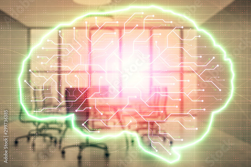 Double exposure of brain drawing hologram on conference room background. Concept of data analysis