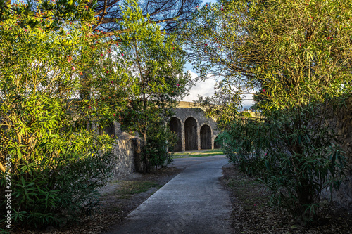 Scenic pathway among the trees leading to The Amphitheater of Pompeii ancient city  Campania  Italy.