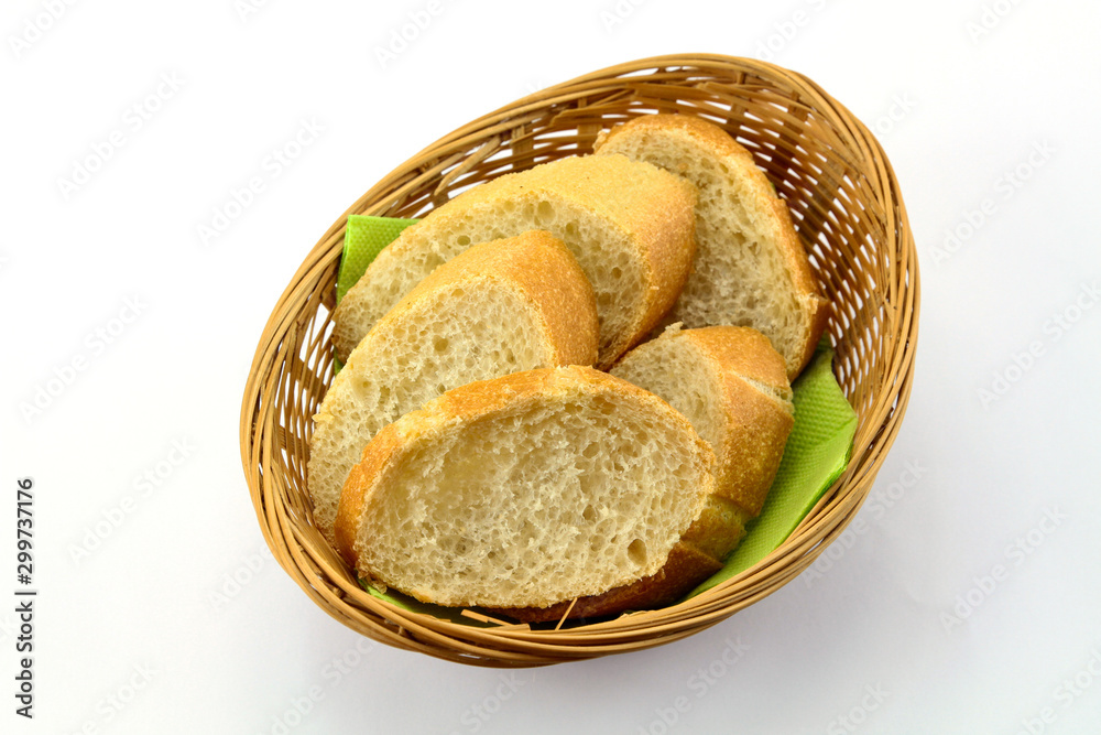 basket of bread baguette on a white background