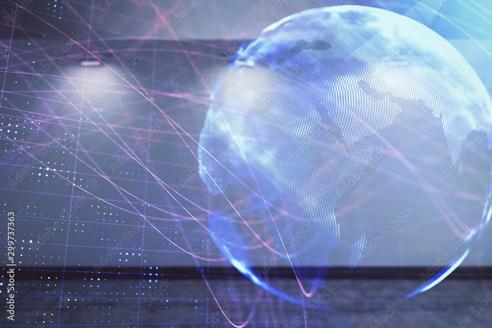 Double exposure of world map on empty room interior background. International network concept. Double exposure of world map on empty room interior background. International network concept.