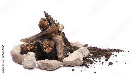 Tableau sur toile Decorative dry rotten branches in soil, dirt pile with rocks, wood for campfire