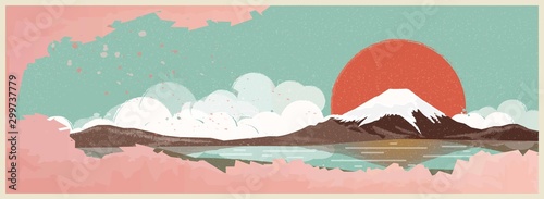 Panoramic retro vector illustration of travel postcard, poster, tour advertising of world famous landmarks of Japan with Fuji mountain and sakura in Spring.Retro vintage color,noise and grainy texture