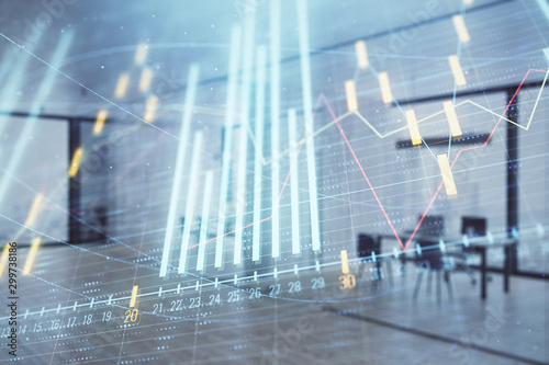 Stock and bond market graph with trading desk bank office interior on background. Multi exposure. Concept of financial analysis