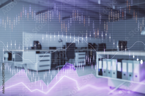 Stock market chart with trading desk bank office interior on background. Double exposure. Concept of financial analysis © Andrey