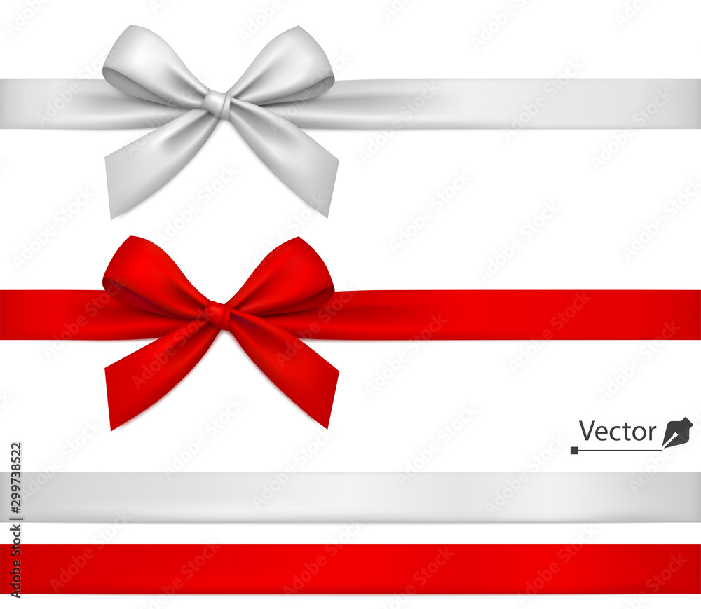 Ribbons with bow - red, white, silver. Isolated on white. Ribbons with bow - red, white, silver. Isolated on white.