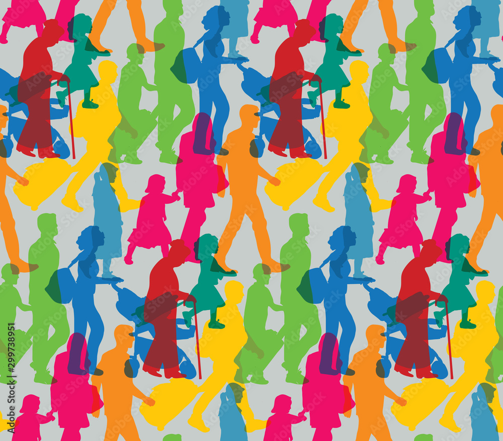 Color happy family people travel silhouette seamless pattern