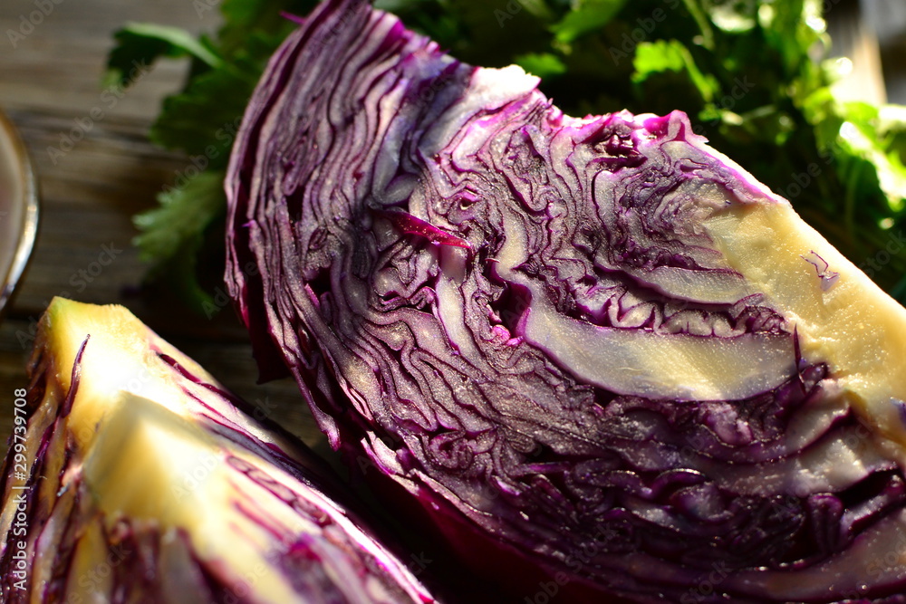 Obraz premium Fresh vegetables in the sunlight. Red cabbage and parsley. Vegetarian wholesome food. Red cabbage in a cut.
