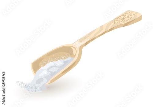 Wooden or plastic scoop with white powdered salt or sugar. Wheat flour spilling out from kitchen shovel, ladle, bailer. Vector cartoon illustration for advertisement, packing isolated on white.
