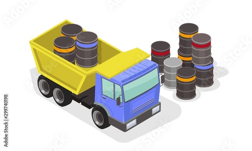 Dump truck is near cylindrical containers, barrels with bulk or liquid materials. Loading process of drums into heavy dumper, lorry for transportation. Vector isometric illustration on white.