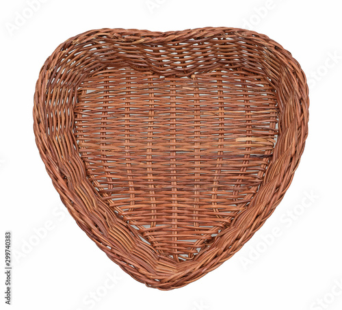 Wooden basket empty heart shape. Made from nature help protect the environment isolate on white background.  top view and close up.Take at studio photo.