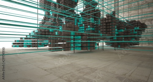 Abstract architectural concrete interior from an array of blue cubes with large windows. 3D illustration and rendering.