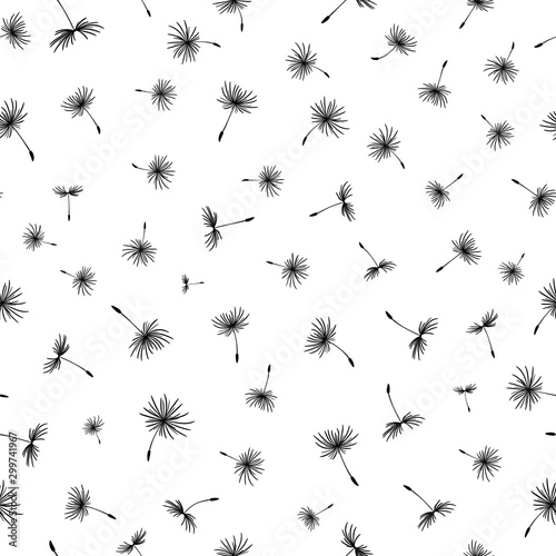 Seamless pattern with flying dandelion seeds. Simple texture for fabric, paper, fashion, design. Vector stock illustration. Floral black white background with dandelions. Black silhouette of a flower