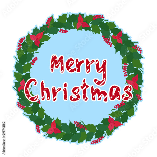 cute merry christmas simple frame with green Ilex aquifolium leaves and red berries for winter holiday decoration, editable vector illustration