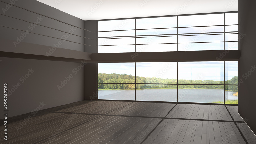 Fototapeta premium Empty room interior design, open space with white walls and parquet wooden floor, big panoramic window, mezzanine, modern contemporary architecture, no people, mock-up with copy space